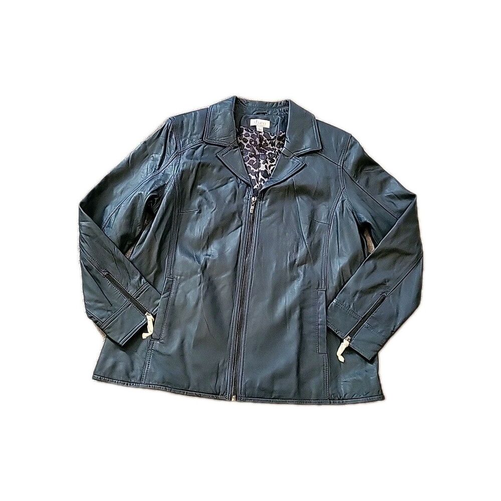D&Co Denim+co Soft Genuine Leather Jacket Women Large TealFull Zip Pockets Y2K